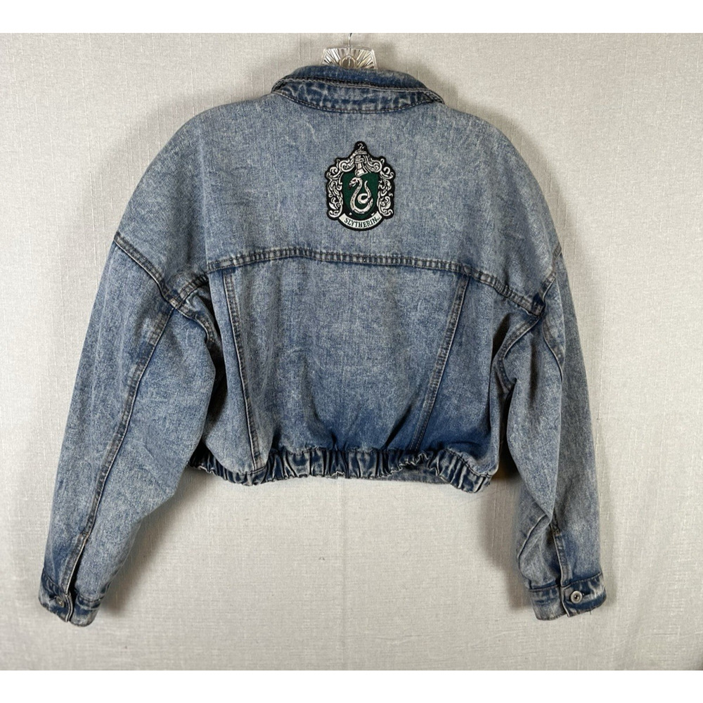 VTG Womens Denim Jean Jacket Size L Harry Potter Slytherin Patch on Back Cropped